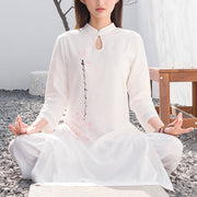 Foviel 2Pcs Lotus Pattern Tai Chi Meditation Yoga Cotton Linen Clothing Top Pants Women's Set