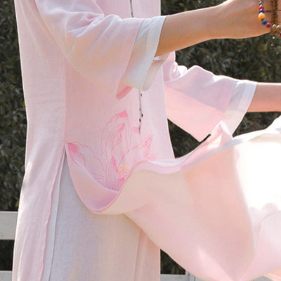 Buddha Stones 2Pcs Lotus Pattern Tai Chi Meditation Yoga Cotton Linen Clothing Top Pants Women's Set - image 17