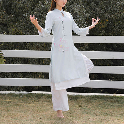 Buddha Stones 2Pcs Lotus Pattern Tai Chi Meditation Yoga Cotton Linen Clothing Top Pants Women's Set - image 12