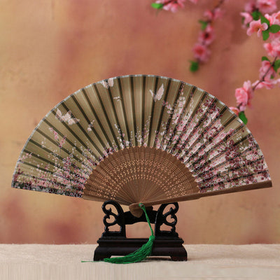 Buddha Stones Cherry Blossom Lily Butterfly Bamboo Handheld Bamboo Folding Fan 21cm - Light Green Butterfly Cherry Blossom 21cm - image 5