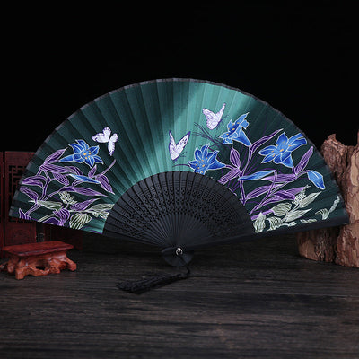 Buddha Stones Cherry Blossom Lily Butterfly Bamboo Handheld Bamboo Folding Fan 21cm - Green Black Butterfly Lily 21cm - image 9