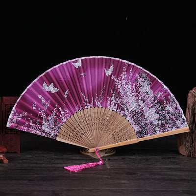 Buddha Stones Cherry Blossom Lily Butterfly Bamboo Handheld Bamboo Folding Fan 21cm - Rose Red Butterfly Cherry Blossom 21cm - image 10