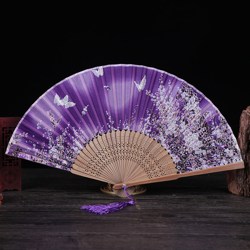 Buddha Stones Cherry Blossom Lily Butterfly Bamboo Handheld Bamboo Folding Fan 21cm - Purple Butterfly Cherry Blossom 21cm - image 11