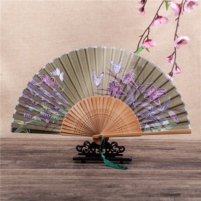 Buddha Stones Cherry Blossom Lily Butterfly Bamboo Handheld Bamboo Folding Fan 21cm - Brown Green Butterfly Lily 21cm - image 12