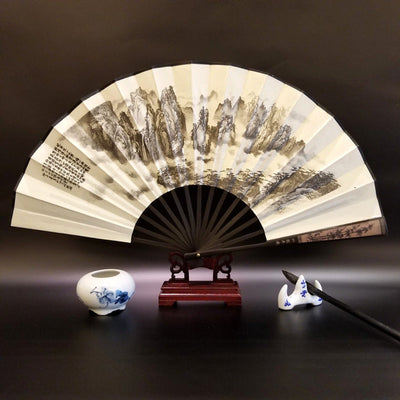 Buddha Stones Great Wall Mountains Trees Crane Bamboo Handheld Bamboo Folding Fan 33.5cm - Mountains Trees 33.5cm - image 1