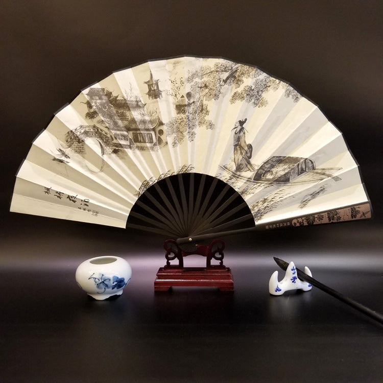 Buddha Stones Great Wall Mountains Trees Crane Bamboo Handheld Bamboo Folding Fan 33.5cm - Night For Maple Bridge 33.5cm - image 9