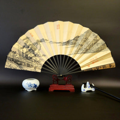 Buddha Stones Great Wall Mountains Trees Crane Bamboo Handheld Bamboo Folding Fan 33.5cm - Pine Forest 33.5cm - image 13