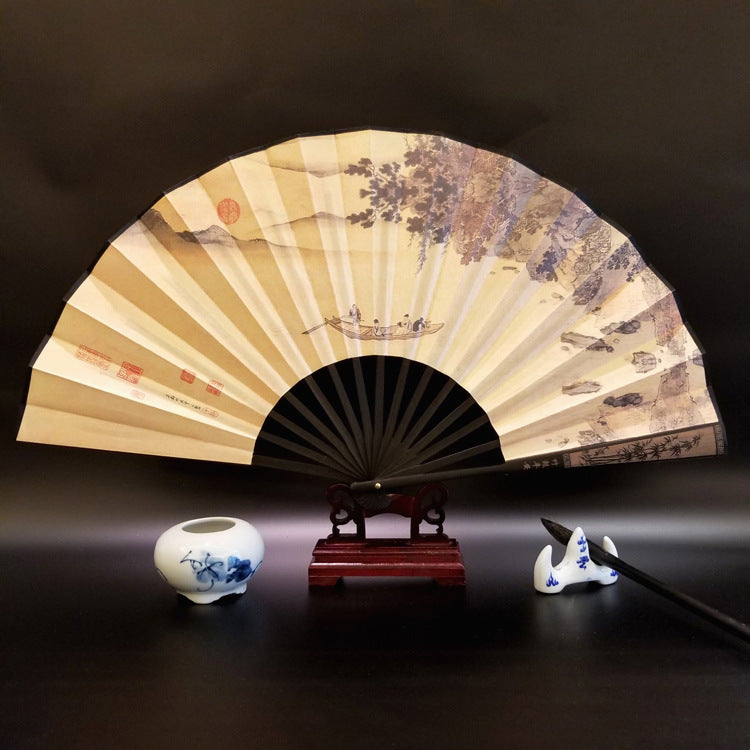 Buddha Stones Great Wall Mountains Trees Crane Bamboo Handheld Bamboo Folding Fan 33.5cm - Boat 33.5cm - image 16