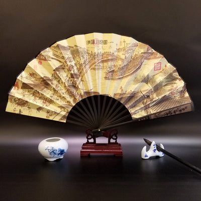 Buddha Stones Great Wall Mountains Trees Crane Bamboo Handheld Bamboo Folding Fan 33.5cm - Along The River During The Qingming Festival 33.5cm - image 17