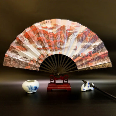 Buddha Stones Great Wall Mountains Trees Crane Bamboo Handheld Bamboo Folding Fan 33.5cm - Red Forest 33.5cm - image 20