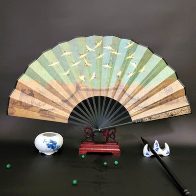 Buddha Stones Great Wall Mountains Trees Crane Bamboo Handheld Bamboo Folding Fan 33.5cm - Auspicious Crane 33.5cm - image 23