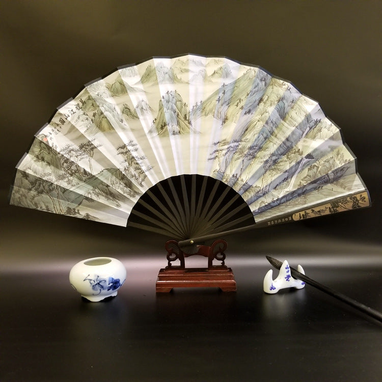 Buddha Stones Great Wall Mountains Trees Crane Bamboo Handheld Bamboo Folding Fan 33.5cm - Thousands Of Miles Of Rivers And Mountains 33.5cm - image 24