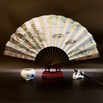 Buddha Stones Great Wall Mountains Trees Crane Bamboo Handheld Bamboo Folding Fan 33.5cm - Splendid West Lake 33.5cm - image 25