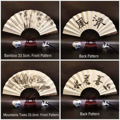 Buddha Stones Great Wall Mountains Trees Crane Bamboo Handheld Bamboo Folding Fan 33.5cm - image 7