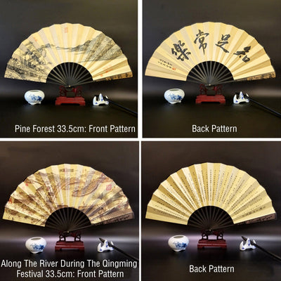 Buddha Stones Great Wall Mountains Trees Crane Bamboo Handheld Bamboo Folding Fan 33.5cm - image 14
