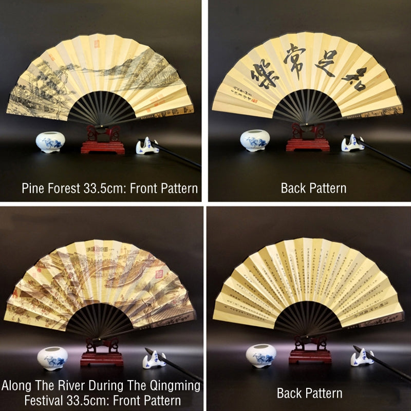 Buddha Stones Great Wall Mountains Trees Crane Bamboo Handheld Bamboo Folding Fan 33.5cm - image 14