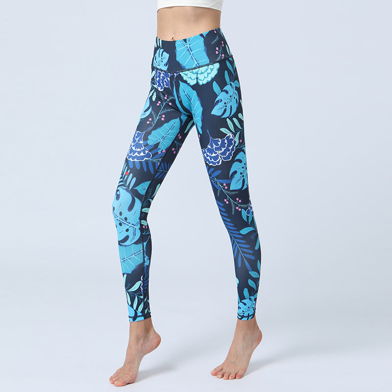 Buddha Stones Leaves Print Pants Sports Fitness Yoga High Waist Leggings Women's Yoga Pants - Blue Leaves - US8-10，UK/AU12-14，EU40-42 (XL)  - image 4