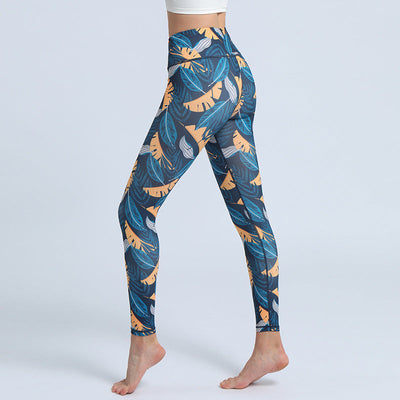 Buddha Stones Leaves Print Pants Sports Fitness Yoga High Waist Leggings Women's Yoga Pants - Steelblue Yellow Leaves - US8-10，UK/AU12-14，EU40-42 (XL)  - image 11