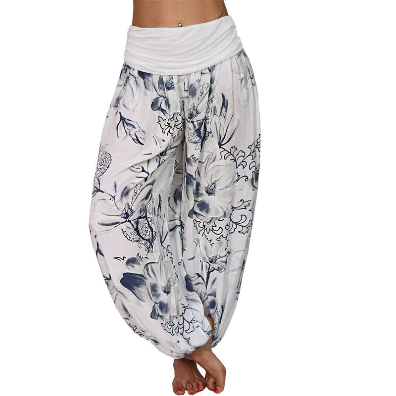 Foviel Flower Leaves Pattern Loose Harem Trousers Women's Yoga Pants