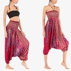 Foviel Two Style Wear Feathers Geometric Pattern Loose Smocked Trousers Jumpsuit Women's Yoga Pants