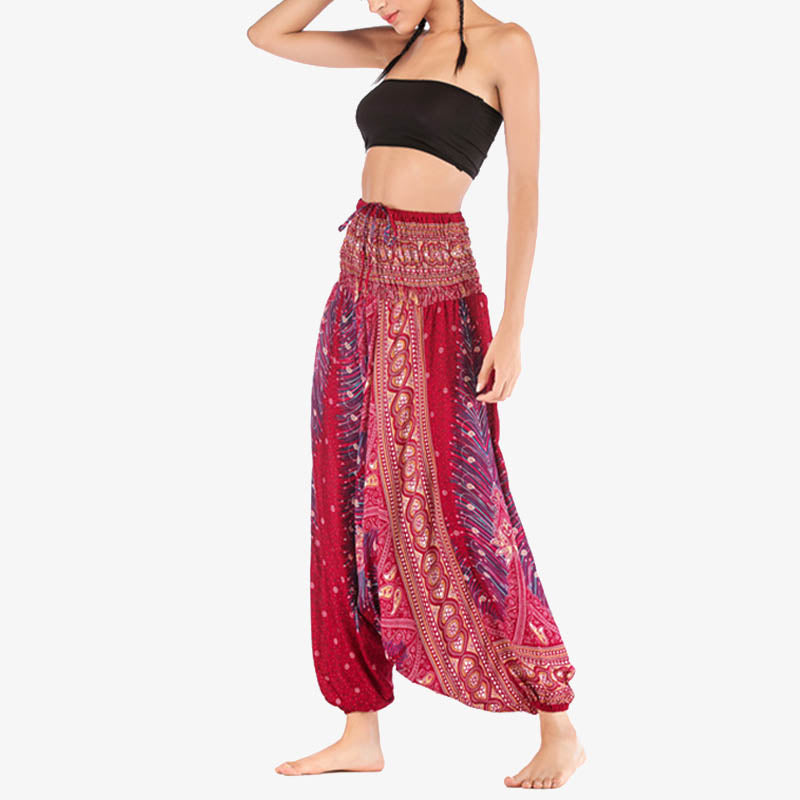 Foviel Two Style Wear Feathers Geometric Pattern Loose Smocked Trousers Jumpsuit Women's Yoga Pants