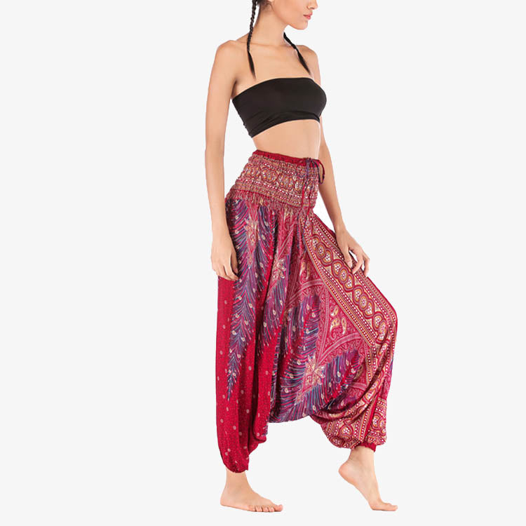 Foviel Two Style Wear Feathers Geometric Pattern Loose Smocked Trousers Jumpsuit Women's Yoga Pants