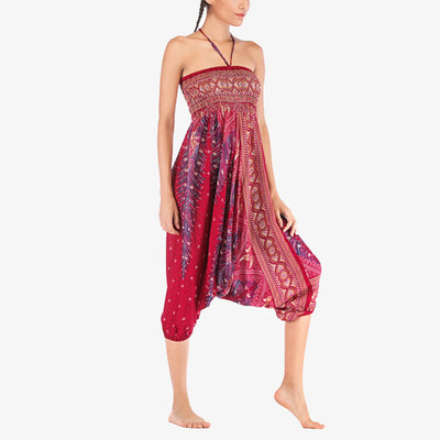 Foviel Two Style Wear Feathers Geometric Pattern Loose Smocked Trousers Jumpsuit Women's Yoga Pants