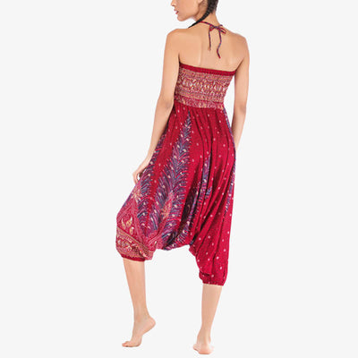 Foviel Two Style Wear Feathers Geometric Pattern Loose Smocked Trousers Jumpsuit Women's Yoga Pants