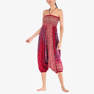 Foviel Two Style Wear Feathers Geometric Pattern Loose Smocked Trousers Jumpsuit Women's Yoga Pants