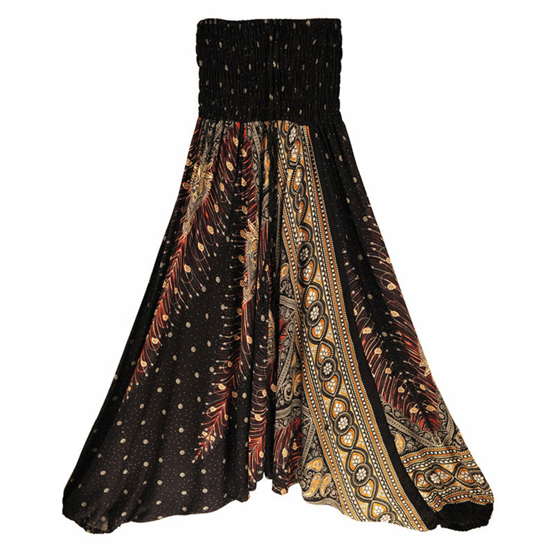 Foviel Two Style Wear Feathers Geometric Pattern Loose Smocked Trousers Jumpsuit Women's Yoga Pants