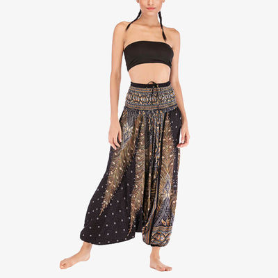 Foviel Two Style Wear Feathers Geometric Pattern Loose Smocked Trousers Jumpsuit Women's Yoga Pants