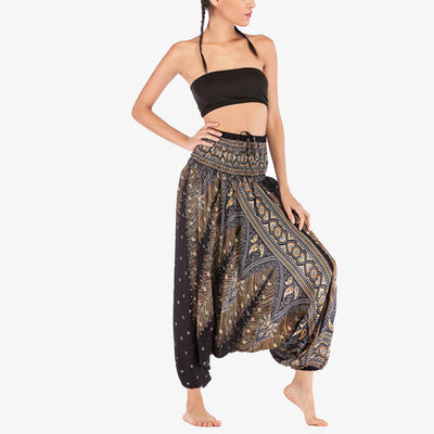 Foviel Two Style Wear Feathers Geometric Pattern Loose Smocked Trousers Jumpsuit Women's Yoga Pants