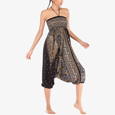 Foviel Two Style Wear Feathers Geometric Pattern Loose Smocked Trousers Jumpsuit Women's Yoga Pants
