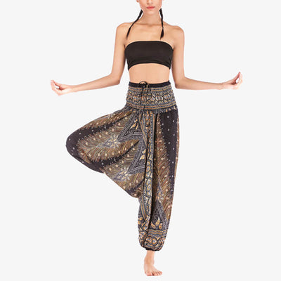 Foviel Two Style Wear Feathers Geometric Pattern Loose Smocked Trousers Jumpsuit Women's Yoga Pants