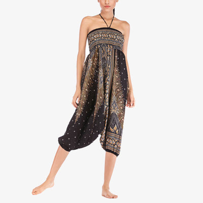 Foviel Two Style Wear Feathers Geometric Pattern Loose Smocked Trousers Jumpsuit Women's Yoga Pants