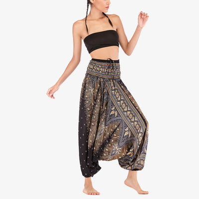 Foviel Two Style Wear Feathers Geometric Pattern Loose Smocked Trousers Jumpsuit Women's Yoga Pants