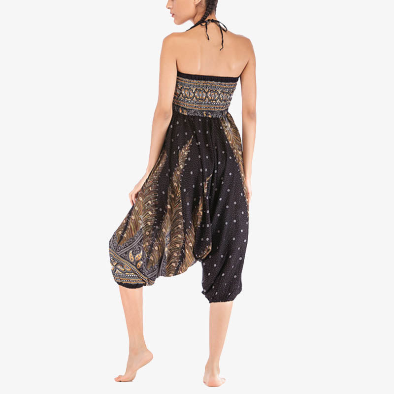 Foviel Two Style Wear Feathers Geometric Pattern Loose Smocked Trousers Jumpsuit Women's Yoga Pants