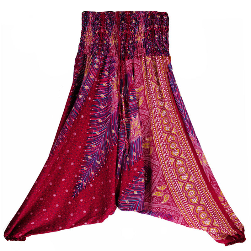 Foviel Two Style Wear Feathers Geometric Pattern Loose Smocked Trousers Jumpsuit Women's Yoga Pants