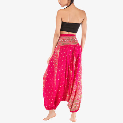 Foviel Two Style Wear Feathers Geometric Pattern Loose Smocked Trousers Jumpsuit Women's Yoga Pants