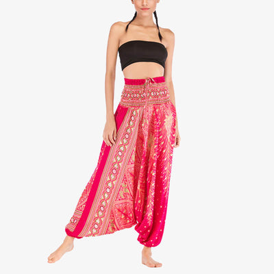 Foviel Two Style Wear Feathers Geometric Pattern Loose Smocked Trousers Jumpsuit Women's Yoga Pants