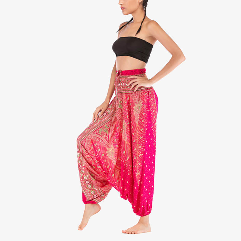 Foviel Two Style Wear Feathers Geometric Pattern Loose Smocked Trousers Jumpsuit Women's Yoga Pants