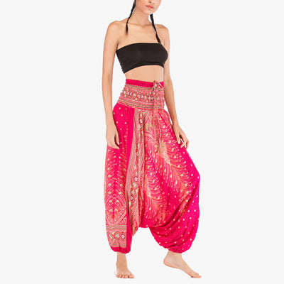 Foviel Two Style Wear Feathers Geometric Pattern Loose Smocked Trousers Jumpsuit Women's Yoga Pants