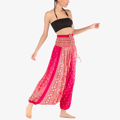 Foviel Two Style Wear Feathers Geometric Pattern Loose Smocked Trousers Jumpsuit Women's Yoga Pants