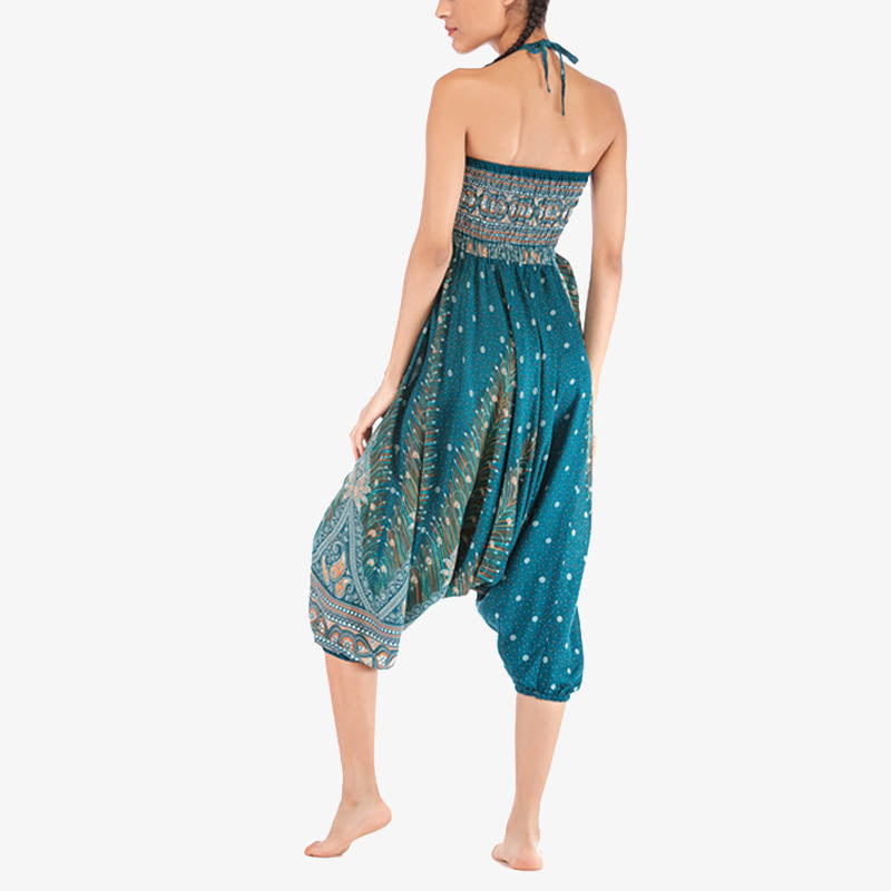 Foviel Two Style Wear Feathers Geometric Pattern Loose Smocked Trousers Jumpsuit Women's Yoga Pants
