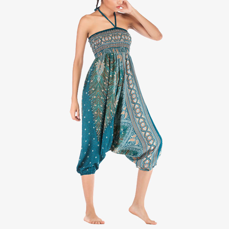 Foviel Two Style Wear Feathers Geometric Pattern Loose Smocked Trousers Jumpsuit Women's Yoga Pants