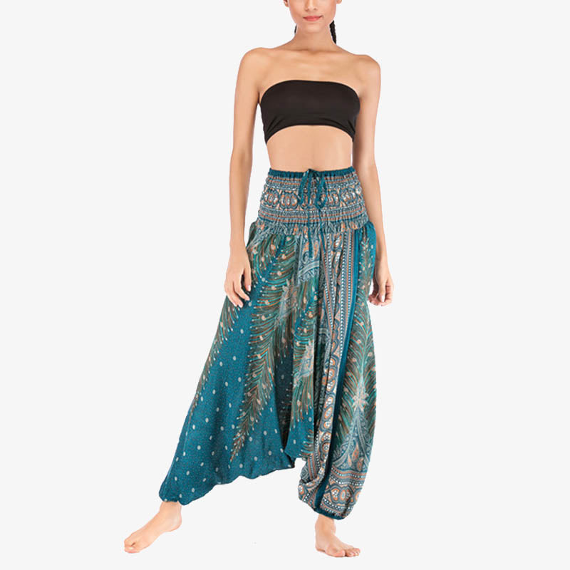 Foviel Two Style Wear Feathers Geometric Pattern Loose Smocked Trousers Jumpsuit Women's Yoga Pants