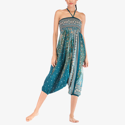 Foviel Two Style Wear Feathers Geometric Pattern Loose Smocked Trousers Jumpsuit Women's Yoga Pants