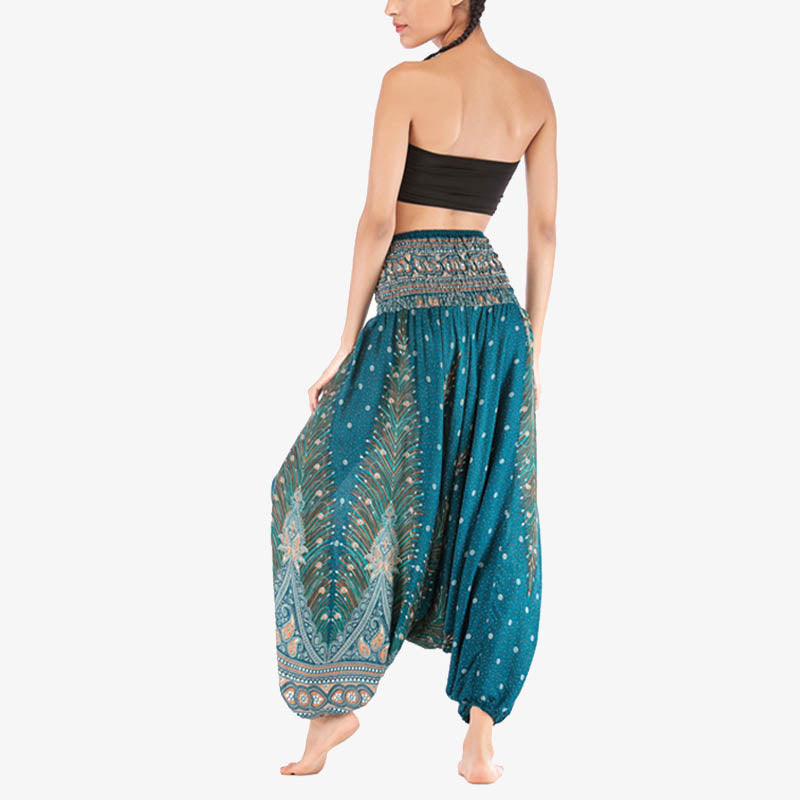 Foviel Two Style Wear Feathers Geometric Pattern Loose Smocked Trousers Jumpsuit Women's Yoga Pants