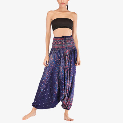 Foviel Two Style Wear Feathers Geometric Pattern Loose Smocked Trousers Jumpsuit Women's Yoga Pants