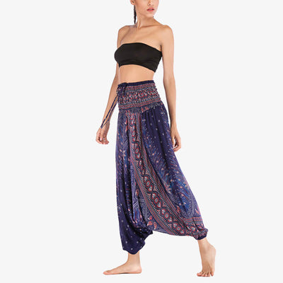 Foviel Two Style Wear Feathers Geometric Pattern Loose Smocked Trousers Jumpsuit Women's Yoga Pants